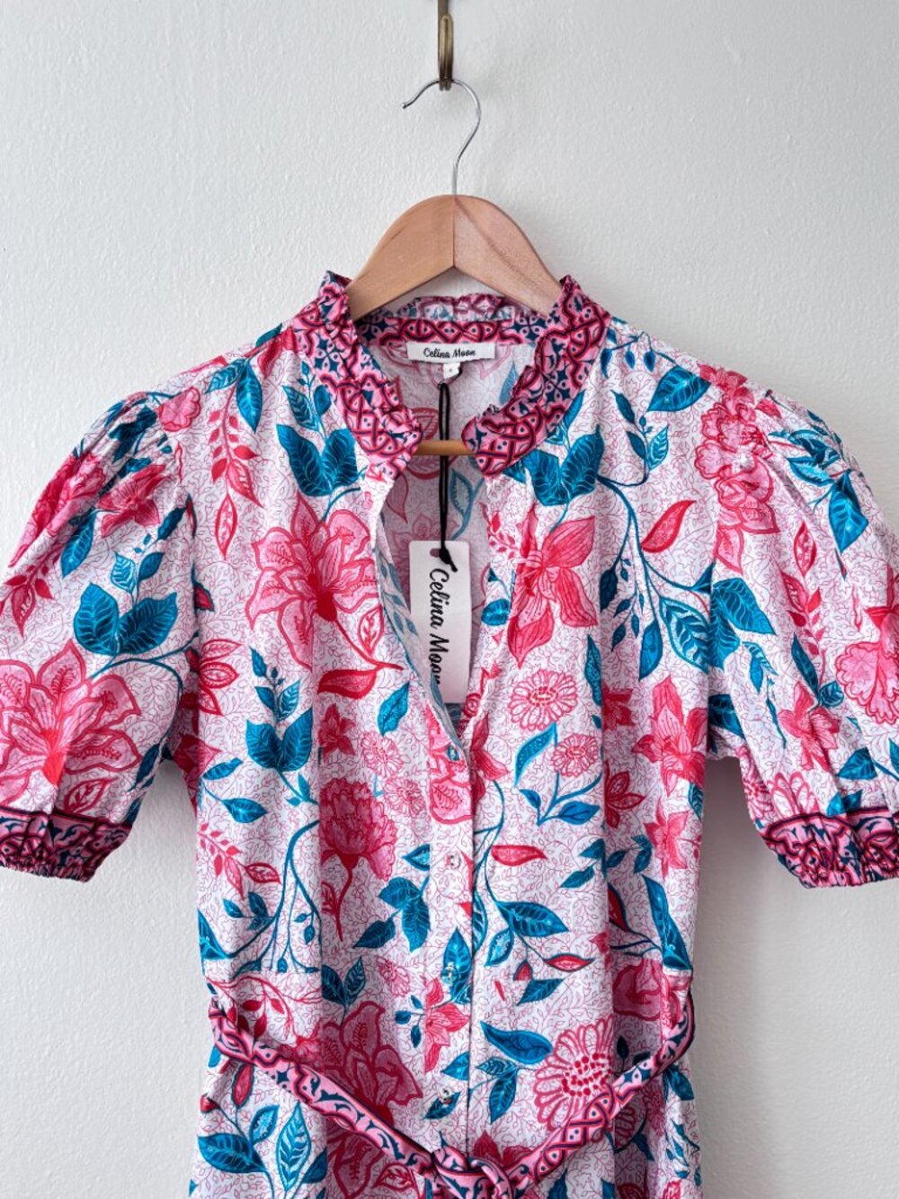 Celina Moon Pink Floral Belted Midi Dress Puff Sleeve Boho Resort Cottagecore - Picture 3 of 6